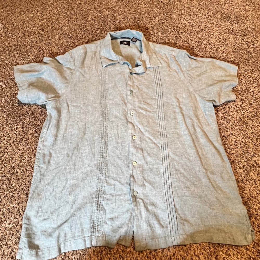 Haggar Mens XXL Blue Linen Blend Pintuck Guayabera Camp Shirt Short Sleeve XXL